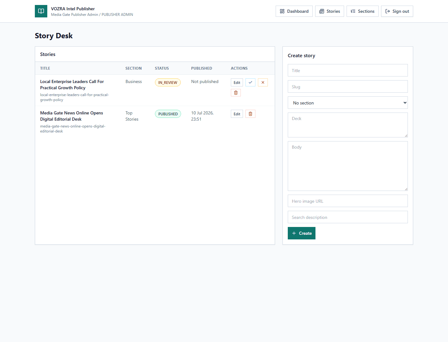 VIP story editor with editorial fields, media and publishing controls